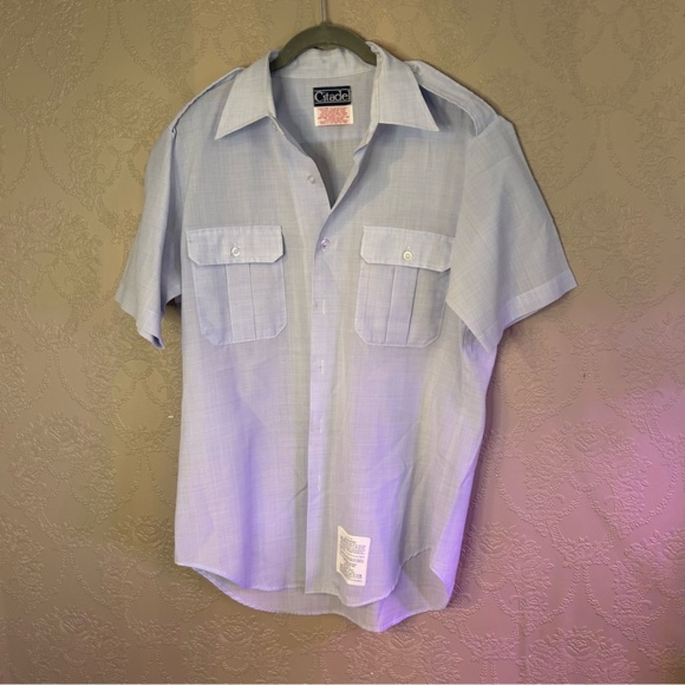 Men's Light Blue Short Sleeve Shirt Vintage Citade L military button down